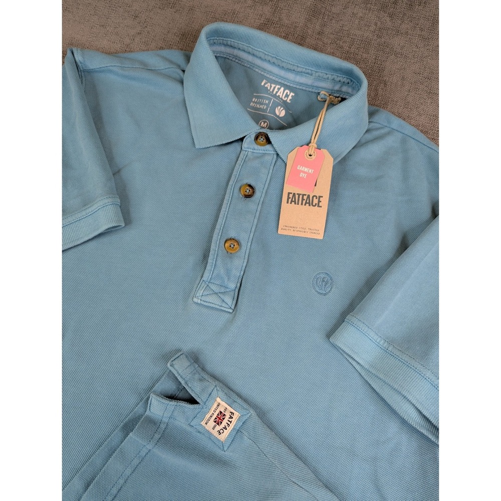 NWT Fat Face Polo Shirt Mens M Light Blue Short Sleeve Garment Dye Regular Pique